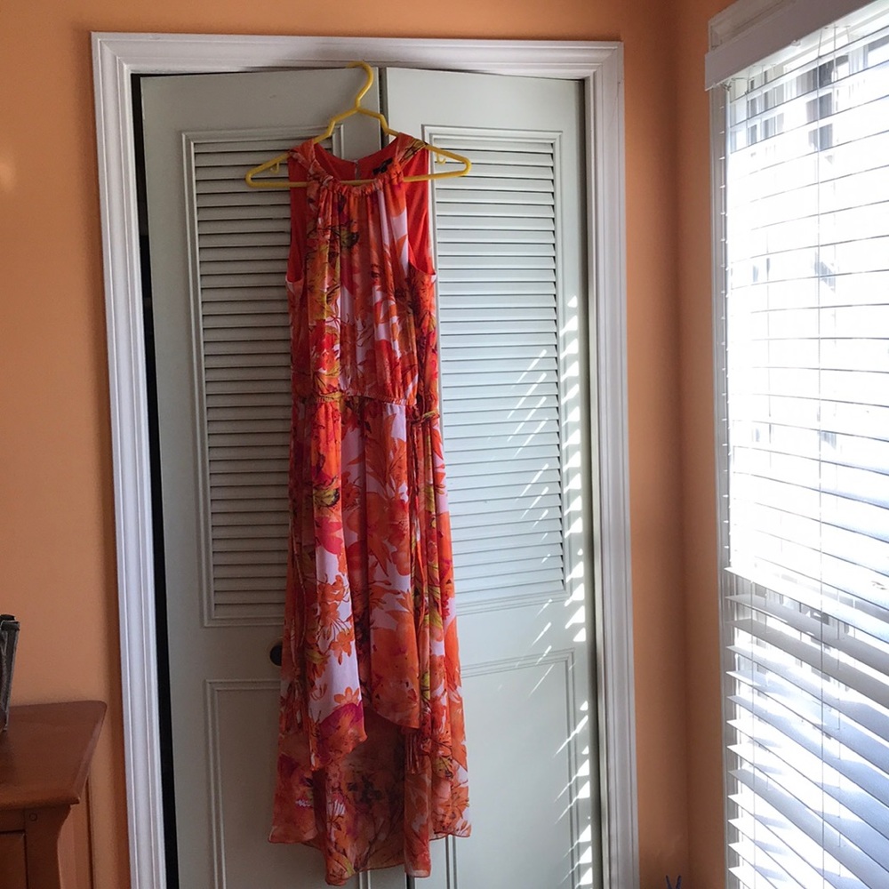 Dress with orange as main color w/ pink & yellow